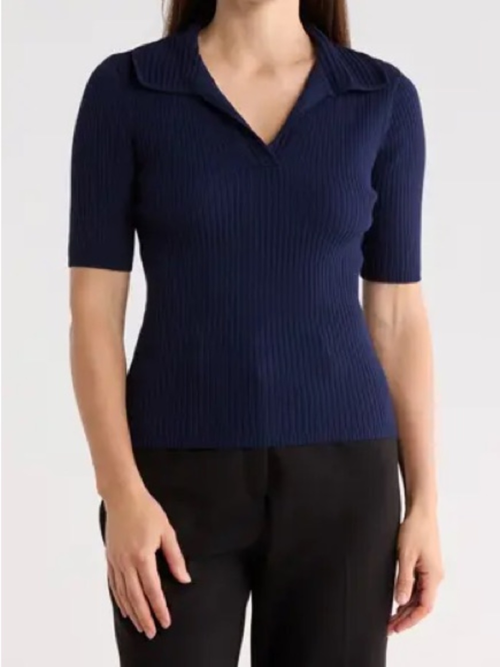 Elie Tahari Navy Short-Sleeve Ribbed Polo Sweater